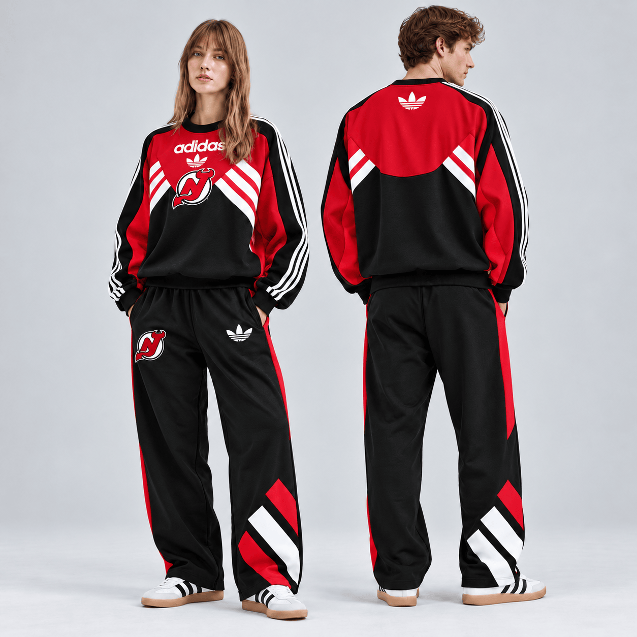 New Jersey Devils | Premium NHL Retro Three Stripe Colorblock Crewneck Sweatshirt and Matching Wide Leg Track Pants Set NDN cover