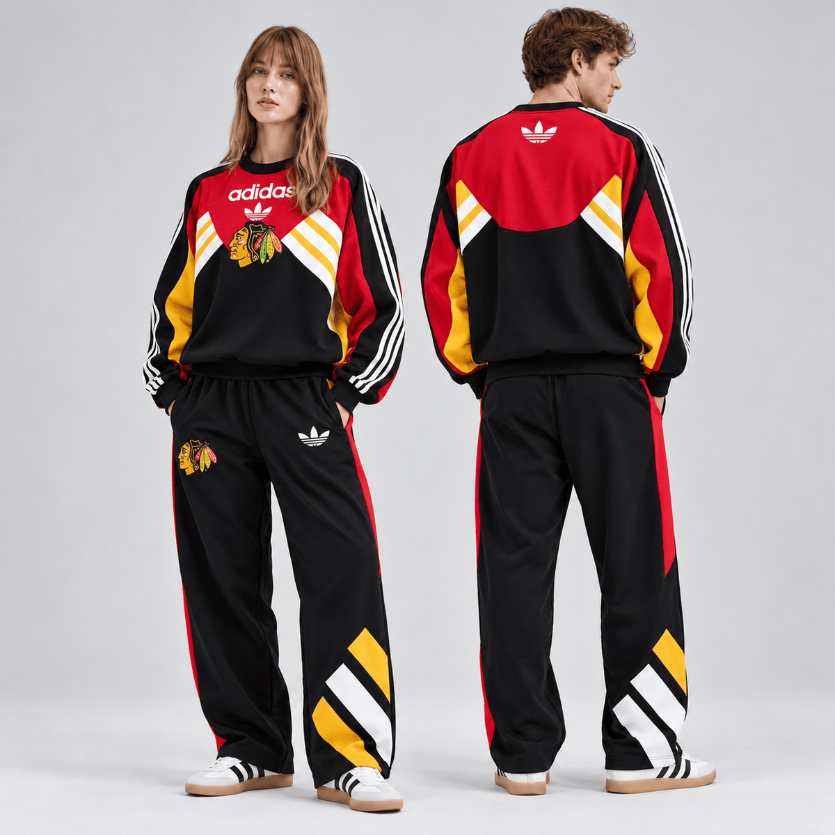 Chicago Blackhawks | Premium NHL Retro Three Stripe Colorblock Crewneck Sweatshirt and Matching Wide Leg Track Pants Set NDN cover