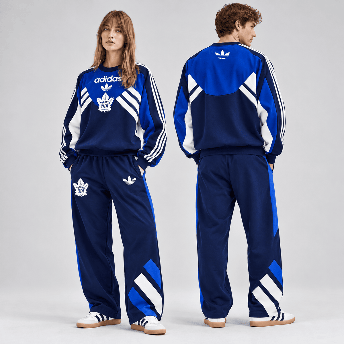 Toronto Maple Leafs | Premium NHL Retro Three Stripe Colorblock Crewneck Sweatshirt and Matching Wide Leg Track Pants Set NDN cover