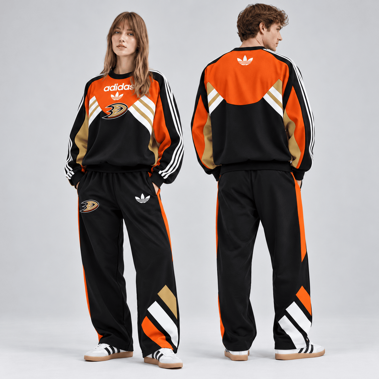 Anaheim Ducks | Premium NHL Retro Three Stripe Colorblock Crewneck Sweatshirt and Matching Wide Leg Track Pants Set NDN cover