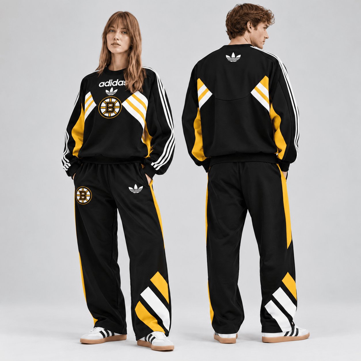 Boston Bruins | Premium NHL Retro Three Stripe Colorblock Crewneck Sweatshirt and Matching Wide Leg Track Pants Set NDN cover