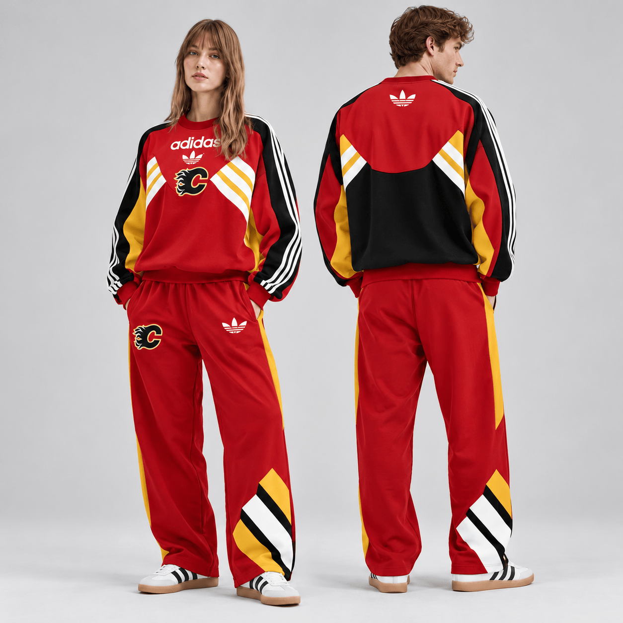 Calgary Flames | Premium NHL Retro Three Stripe Colorblock Crewneck Sweatshirt and Matching Wide Leg Track Pants Set NDN cover