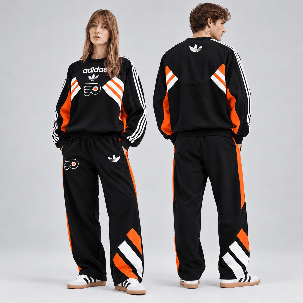 Philadelphia Flyers | Premium NHL Retro Three Stripe Colorblock Crewneck Sweatshirt and Matching Wide Leg Track Pants Set NDN cover