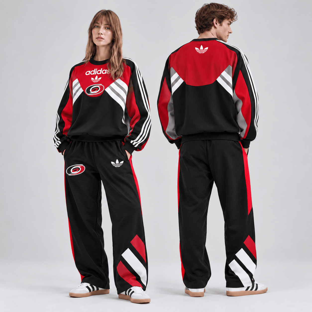 Carolina Hurricanes | Premium NHL Retro Three Stripe Colorblock Crewneck Sweatshirt and Matching Wide Leg Track Pants Set NDN cover