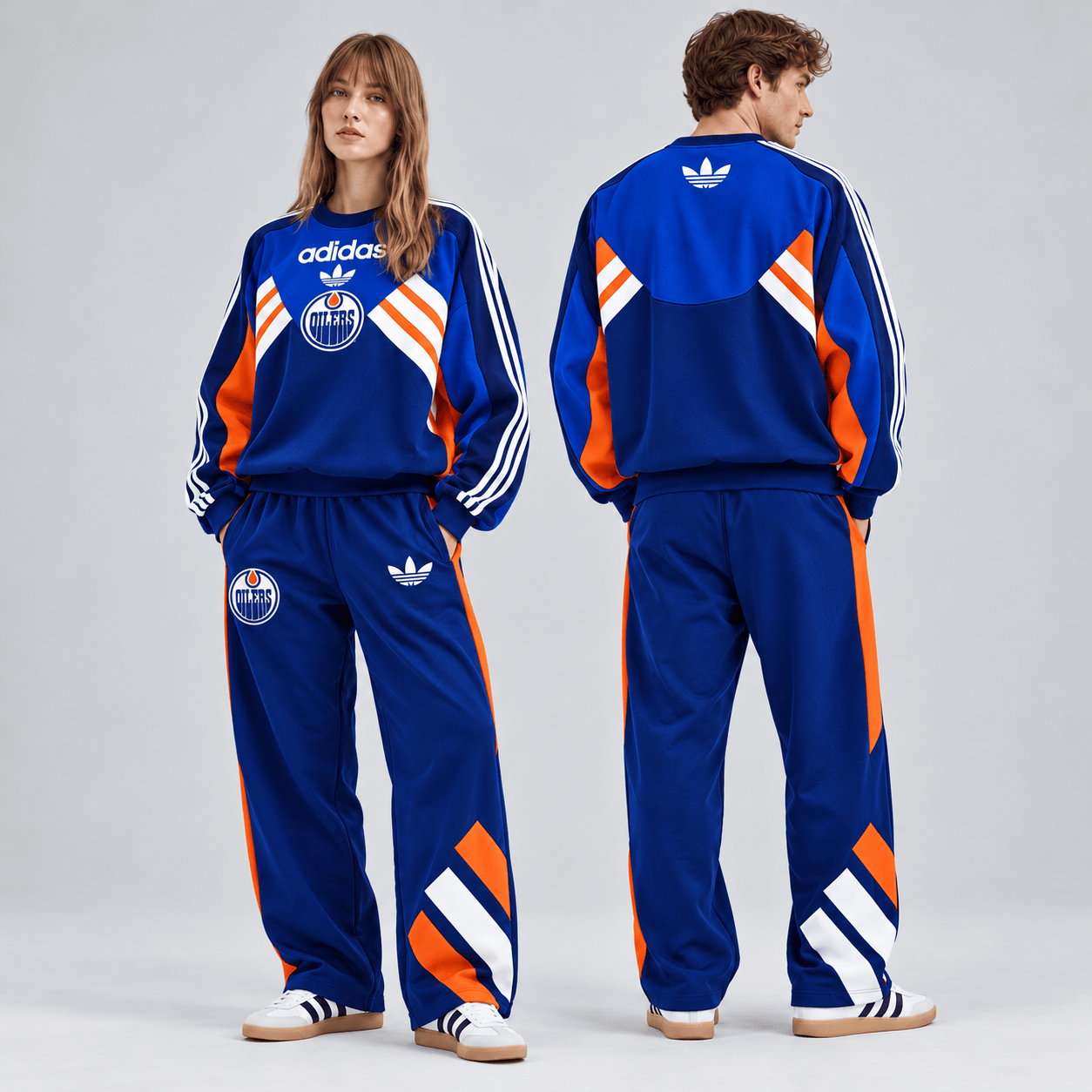 Edmonton Oilers | Premium NHL Retro Three Stripe Colorblock Crewneck Sweatshirt and Matching Wide Leg Track Pants Set NDN cover
