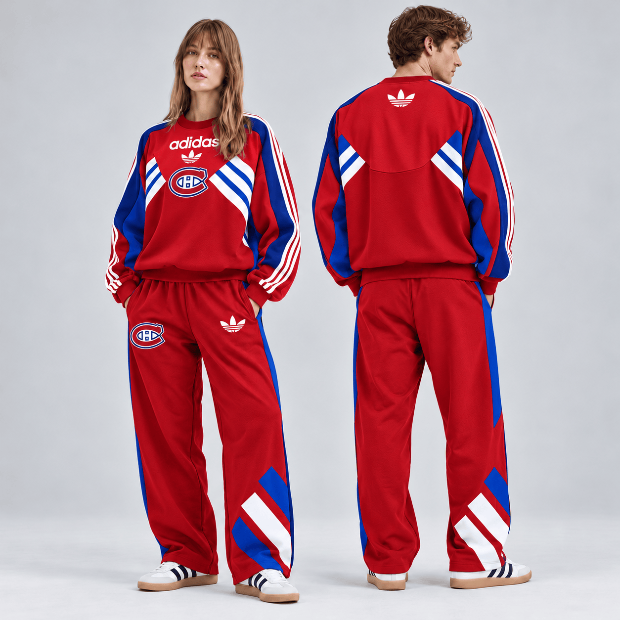 Montreal Canadiens | Premium NHL Retro Three Stripe Colorblock Crewneck Sweatshirt and Matching Wide Leg Track Pants Set NDN cover