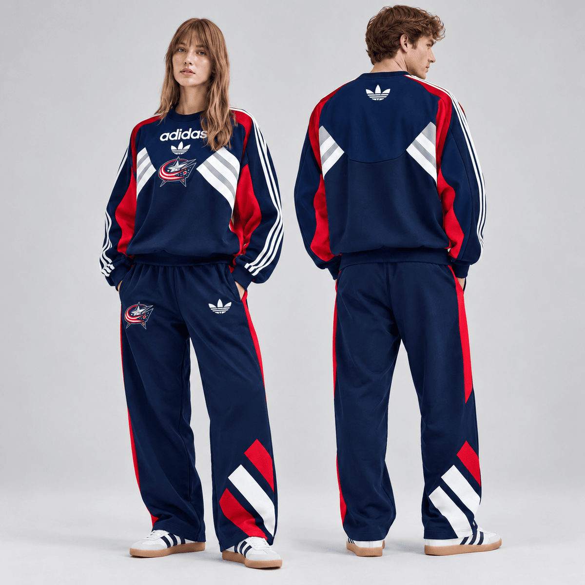 Columbus Blue Jackets | Premium NHL Retro Three Stripe Colorblock Crewneck Sweatshirt and Matching Wide Leg Track Pants Set NDN cover