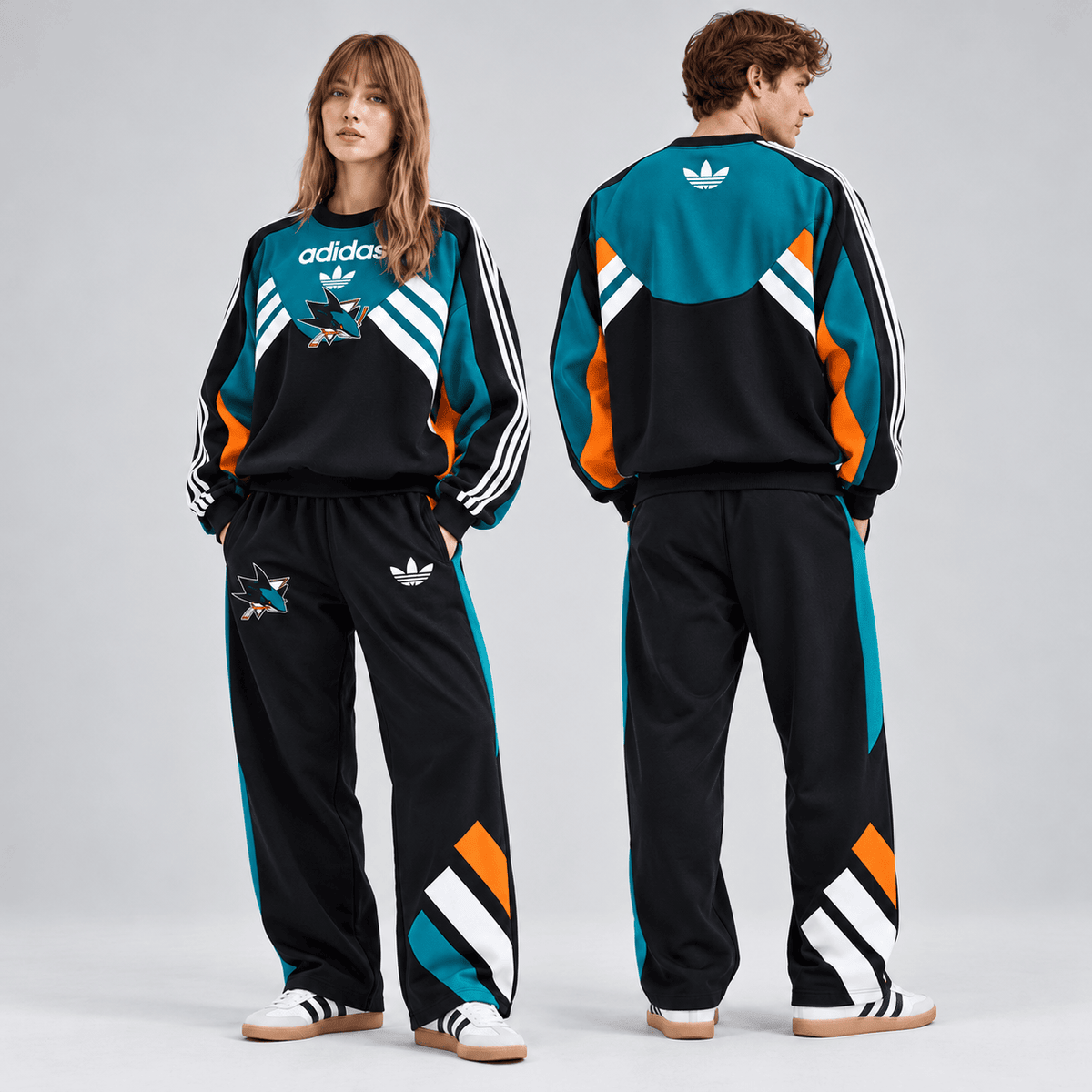 San Jose Sharks | Premium NHL Retro Three Stripe Colorblock Crewneck Sweatshirt and Matching Wide Leg Track Pants Set NDN cover