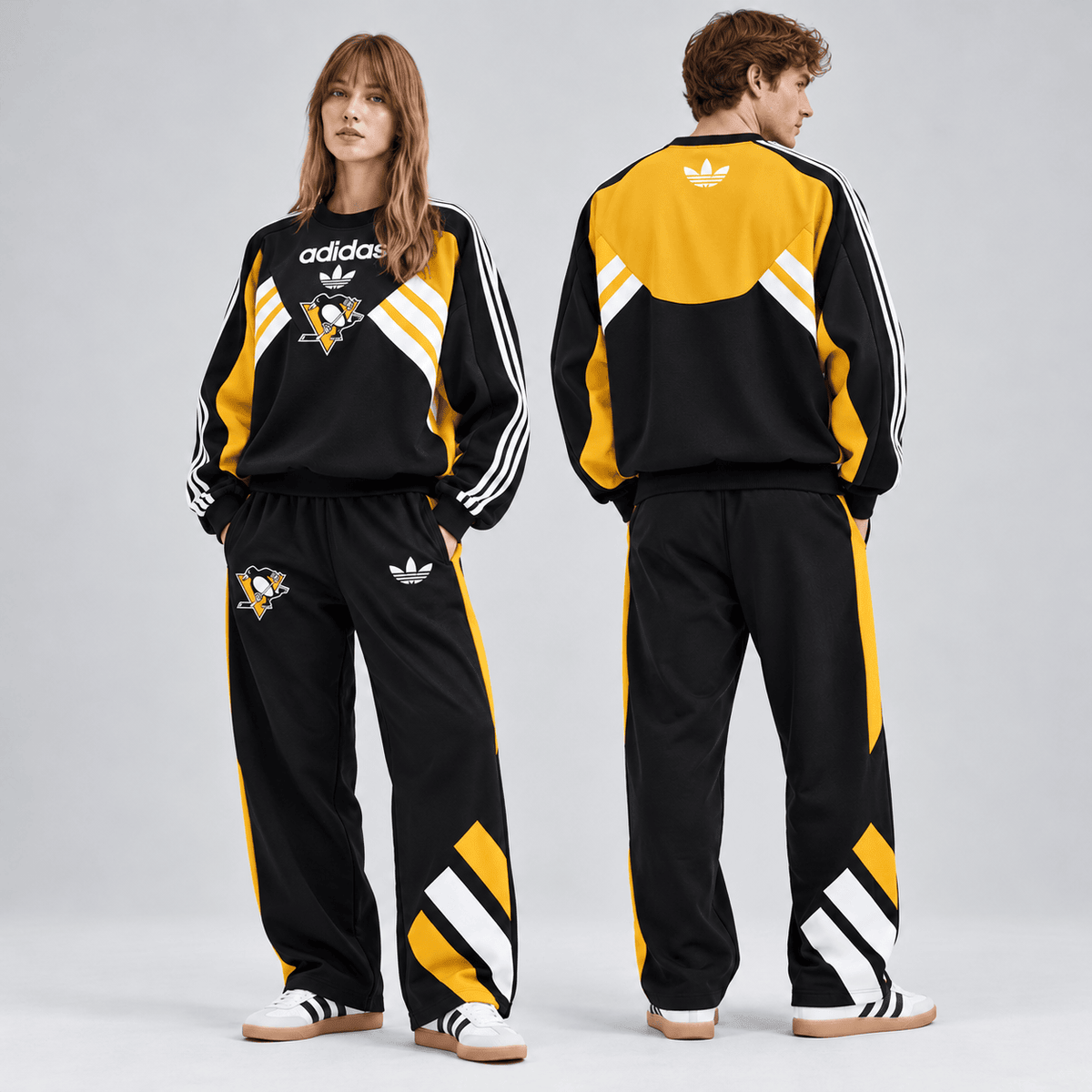 Pittsburgh Penguins | Premium NHL Retro Three Stripe Colorblock Crewneck Sweatshirt and Matching Wide Leg Track Pants Set NDN cover