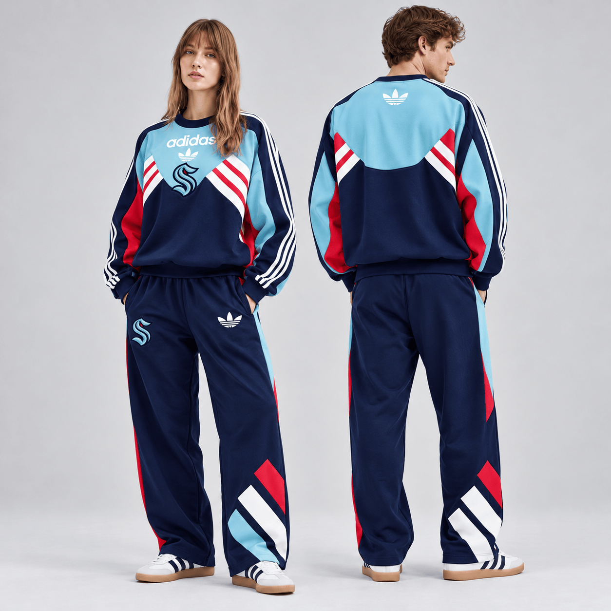 Seattle Kraken | Premium NHL Retro Three Stripe Colorblock Crewneck Sweatshirt and Matching Wide Leg Track Pants Set NDN cover