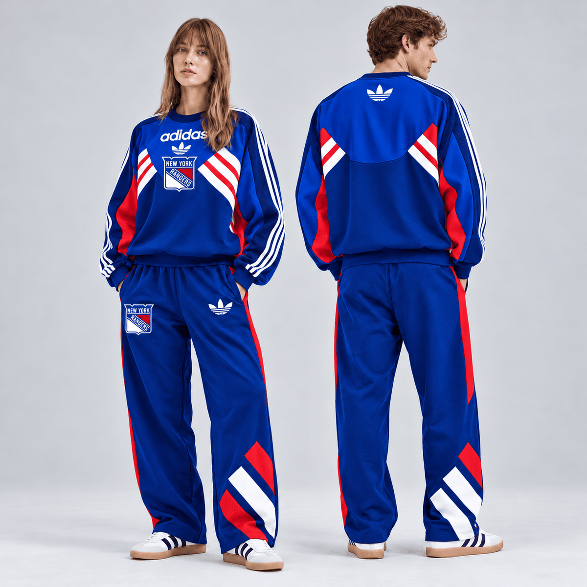 New York Rangers | Premium NHL Retro Three Stripe Colorblock Crewneck Sweatshirt and Matching Wide Leg Track Pants Set NDN cover
