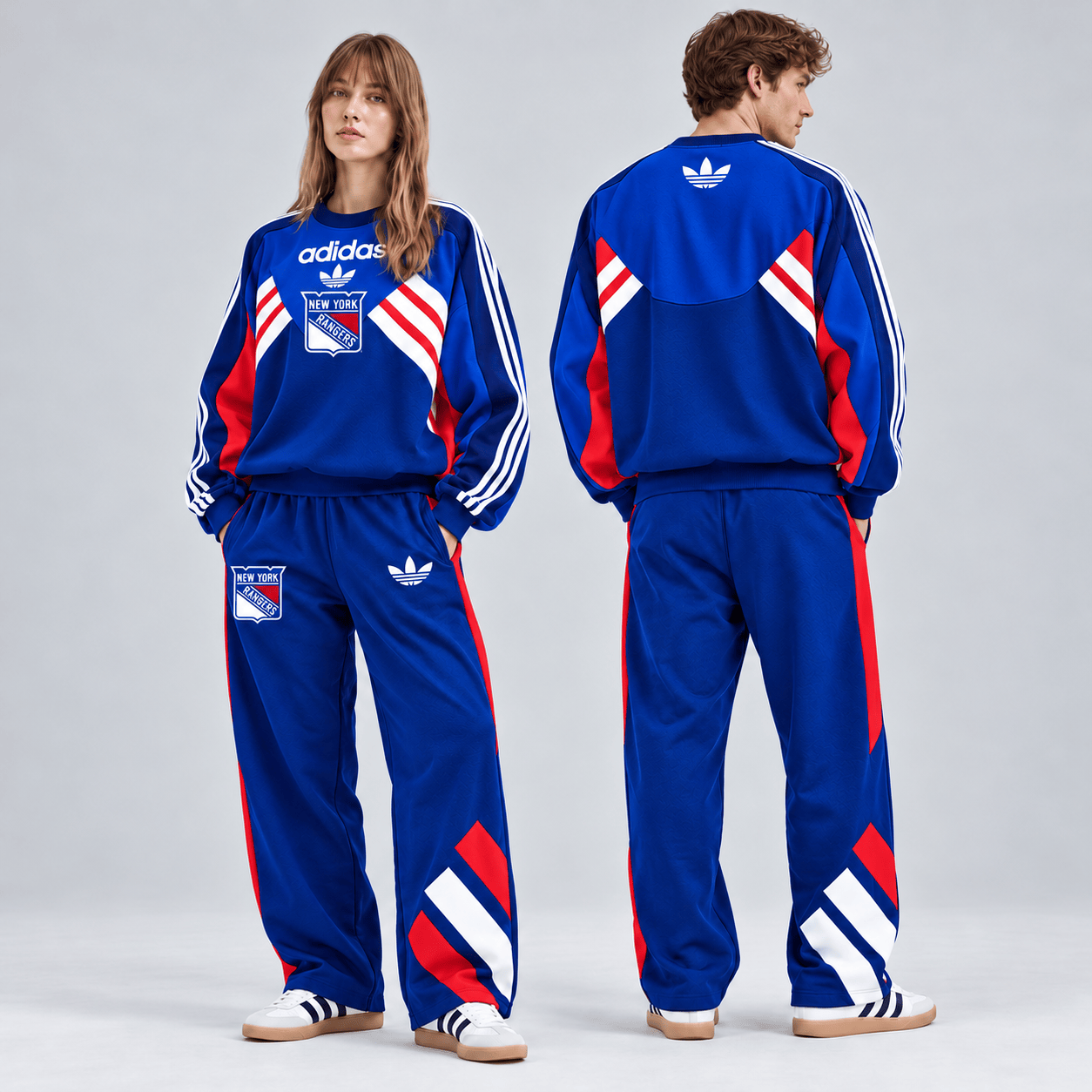 New York Rangers | Premium NHL Retro Three Stripe Colorblock Crewneck Sweatshirt and Matching Wide Leg Track Pants Set NDN cover