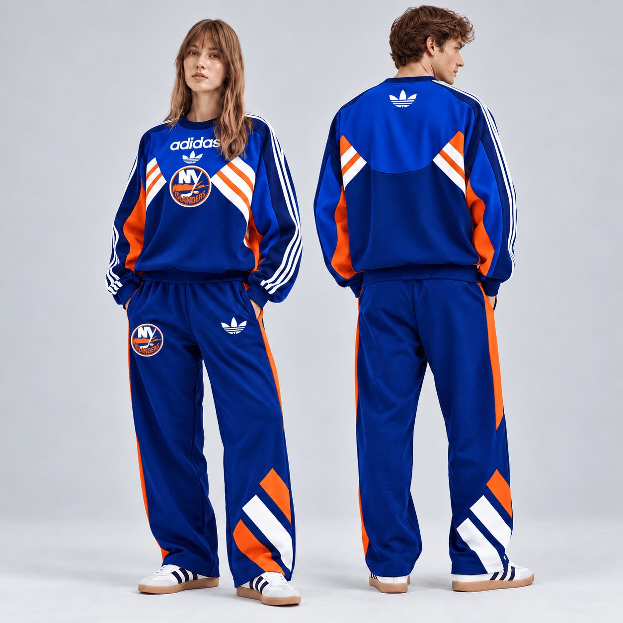 New York Islanders | Premium NHL Retro Three Stripe Colorblock Crewneck Sweatshirt and Matching Wide Leg Track Pants Set NDN cover