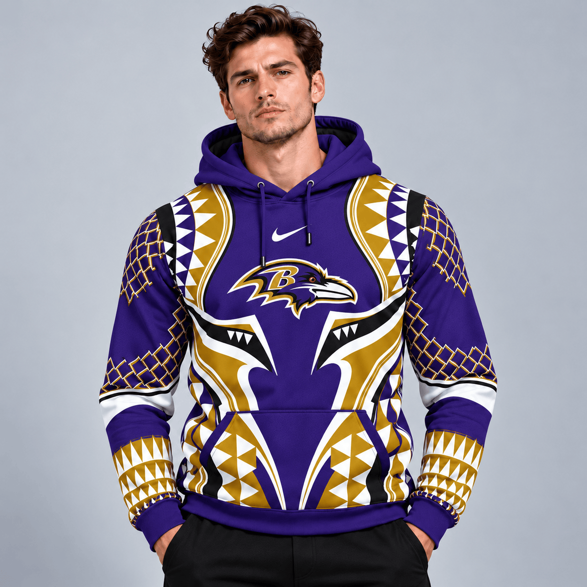 Baltimore Ravens | Premium NFL Tribal Geometric Pattern Pullover Hoodie With Bold Team Logo All Over Print Fanwear NDN cover