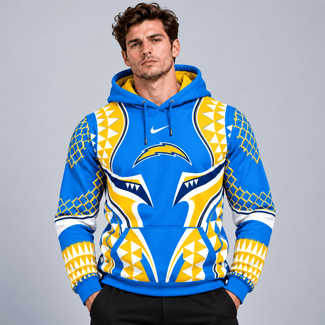 Los Angeles Chargers | Premium NFL Tribal Geometric Pattern Pullover Hoodie With Bold Team Logo All Over Print Fanwear NDN cover