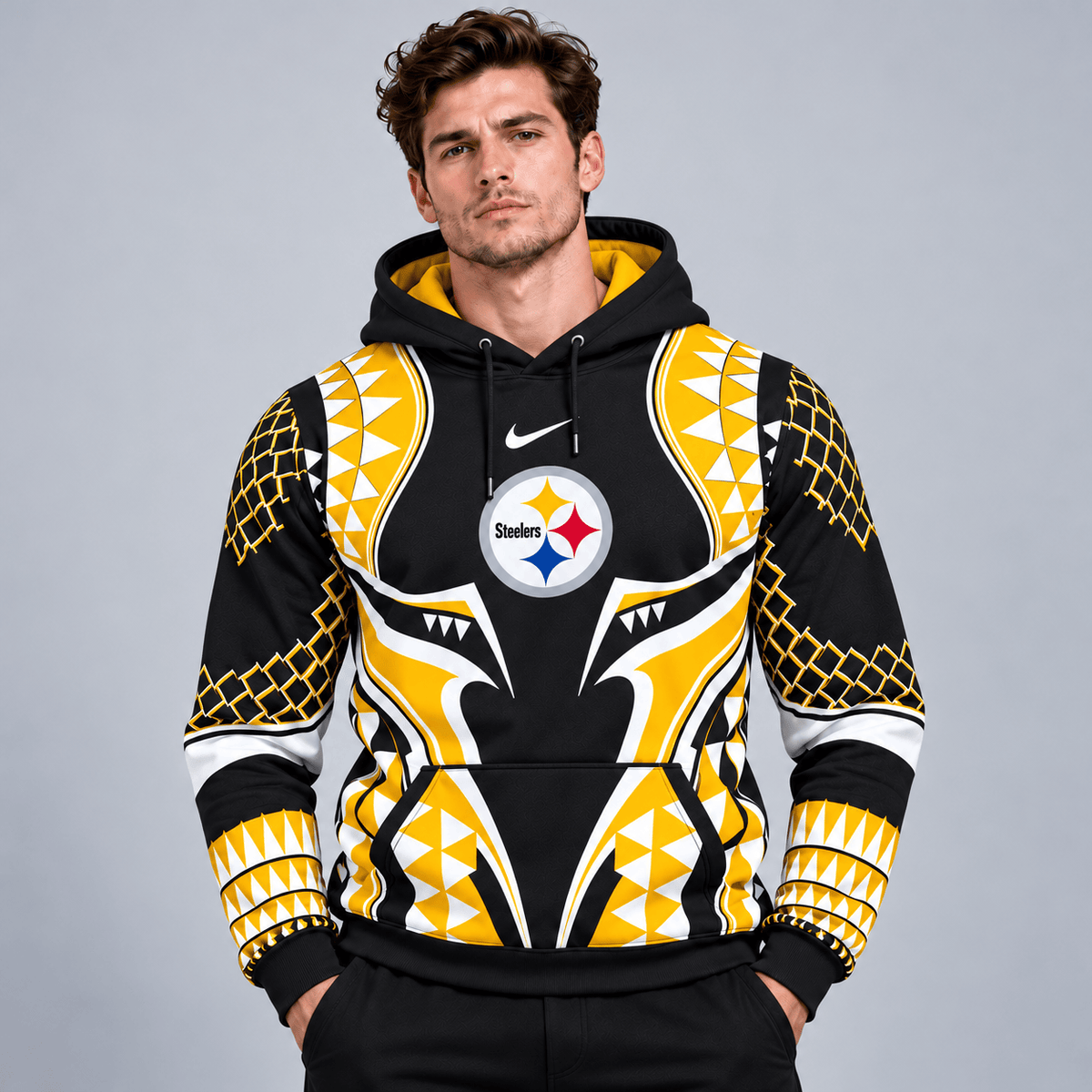 Pittsburgh Steelers | Premium NFL Tribal Geometric Pattern Pullover Hoodie With Bold Team Logo All Over Print Fanwear NDN cover
