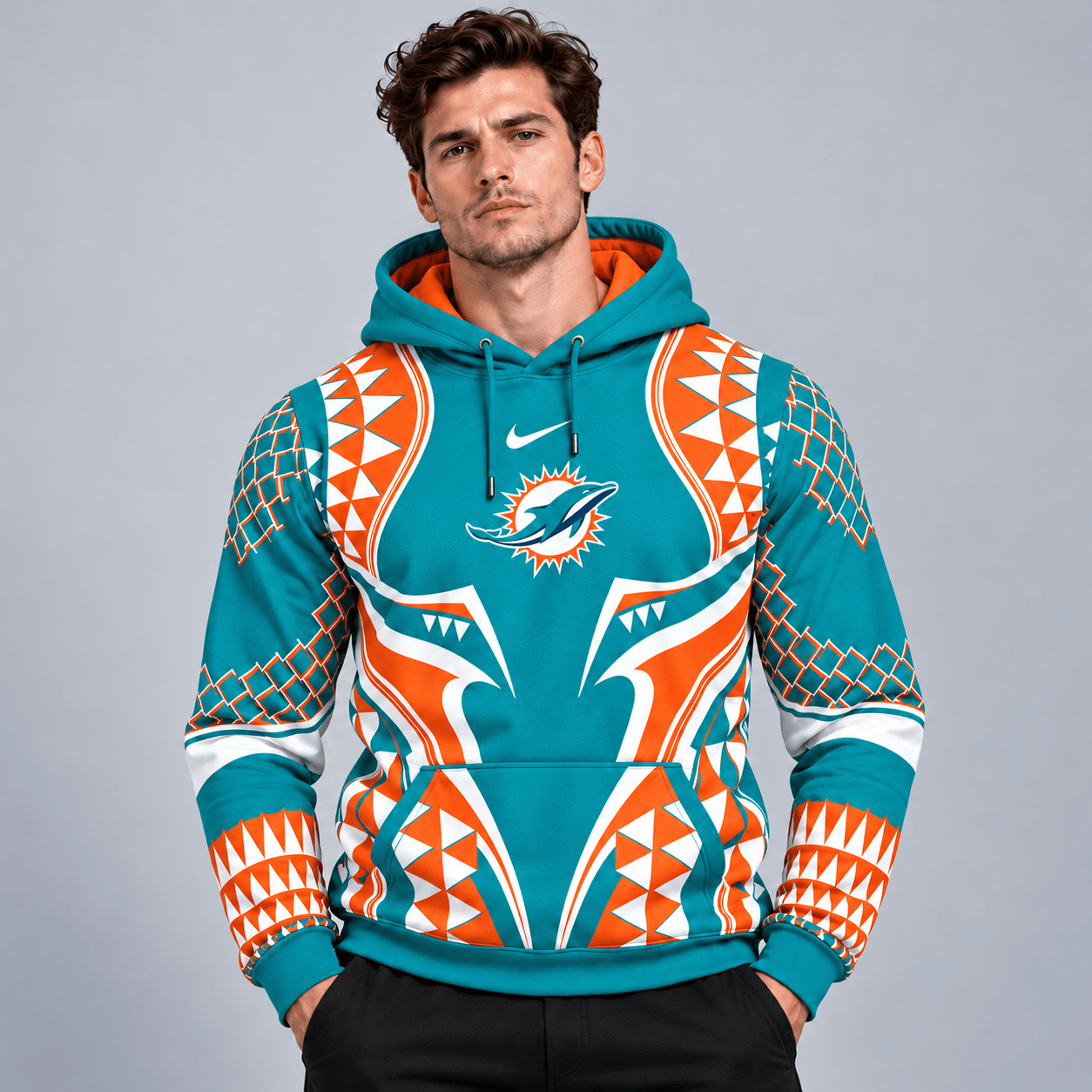 Miami Dolphins | Premium NFL Tribal Geometric Pattern Pullover Hoodie With Bold Team Logo All Over Print Fanwear NDN cover