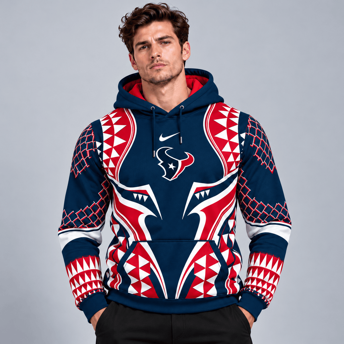 Houston Texans | Premium NFL Tribal Geometric Pattern Pullover Hoodie With Bold Team Logo All Over Print Fanwear NDN cover