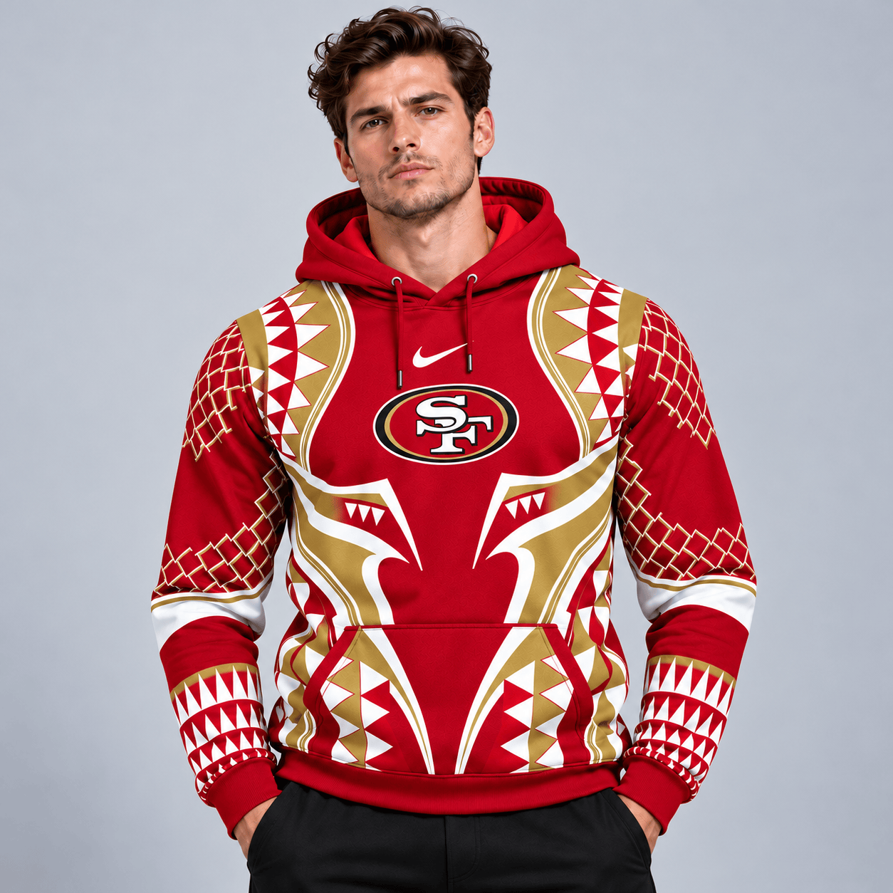 San Francisco 49ers | Premium NFL Tribal Geometric Pattern Pullover Hoodie With Bold Team Logo All Over Print Fanwear NDN cover
