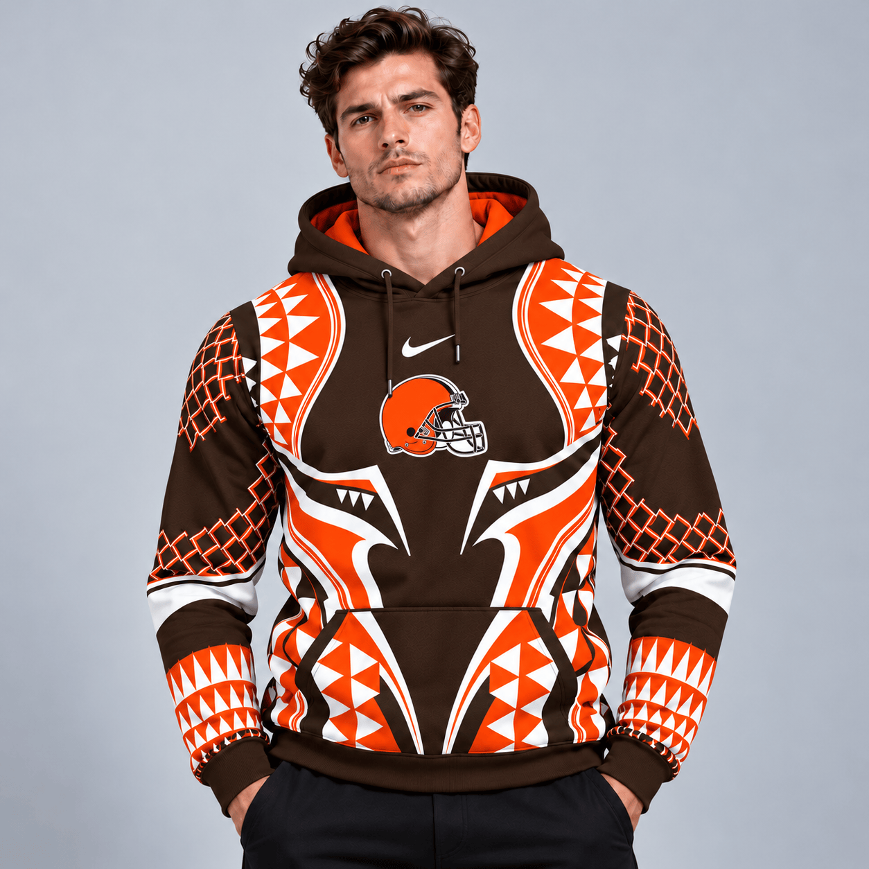Cleveland Browns | Premium NFL Tribal Geometric Pattern Pullover Hoodie With Bold Team Logo All Over Print Fanwear NDN cover