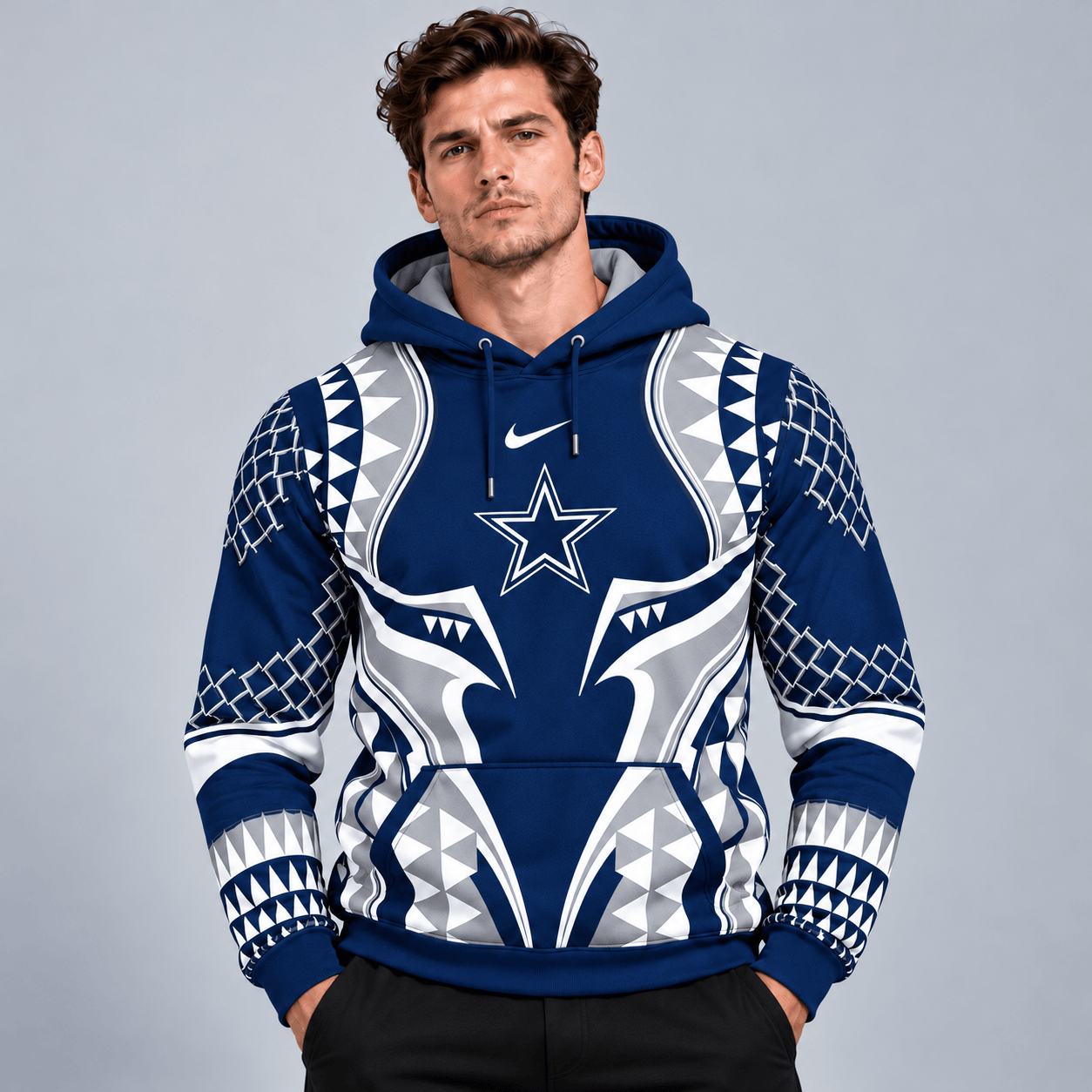 Dallas Cowboys | Premium NFL Tribal Geometric Pattern Pullover Hoodie With Bold Team Logo All Over Print Fanwear NDN cover