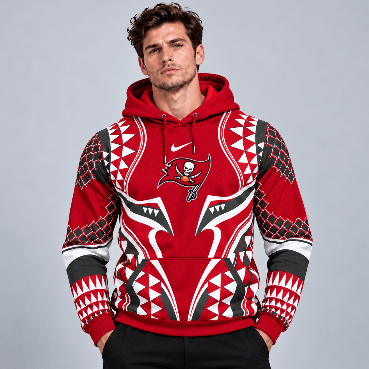 Tampa Bay Buccaneers | Premium NFL Tribal Geometric Pattern Pullover Hoodie With Bold Team Logo All Over Print Fanwear NDN cover