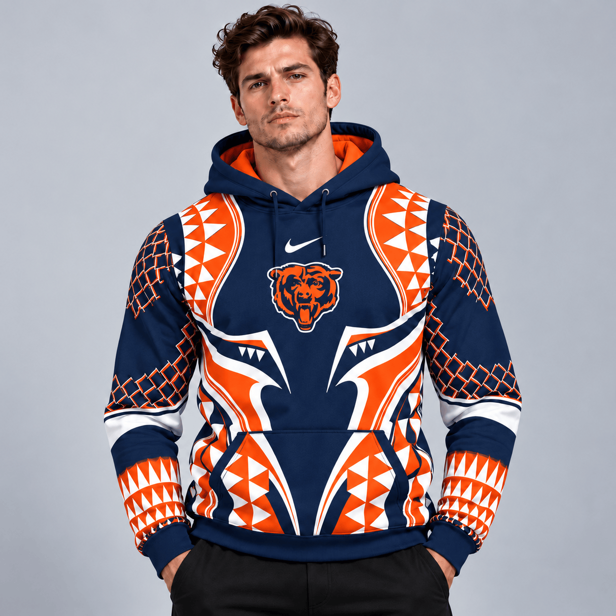 Chicago Bears | Premium NFL Tribal Geometric Pattern Pullover Hoodie With Bold Team Logo All Over Print Fanwear NDN cover