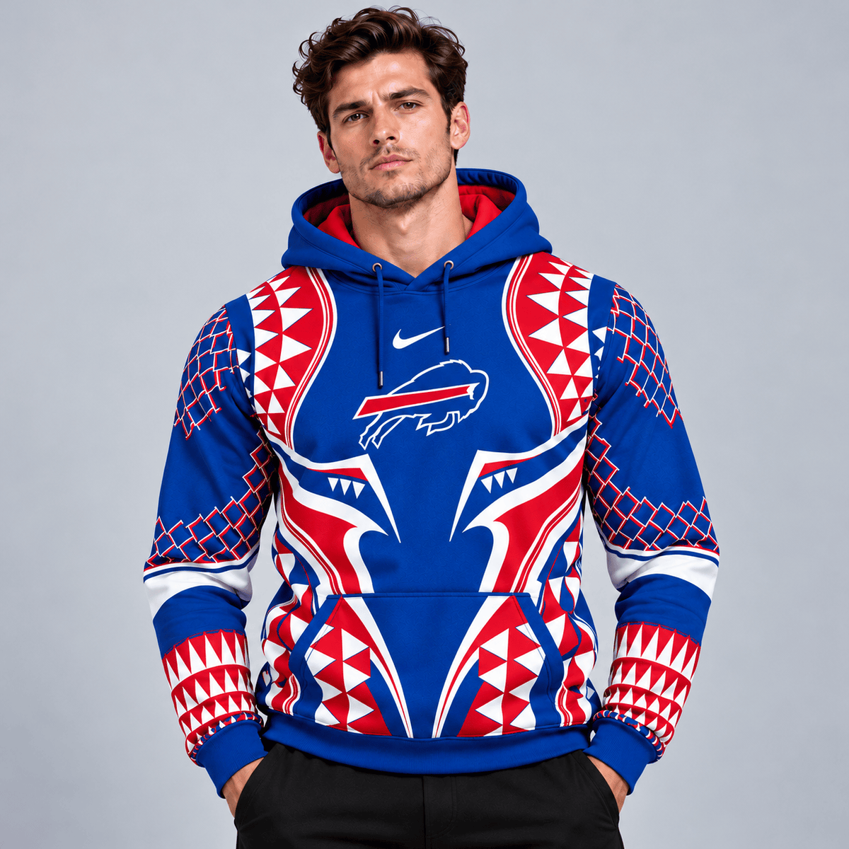 Buffalo Bills | Premium NFL Tribal Geometric Pattern Pullover Hoodie With Bold Team Logo All Over Print Fanwear NDN cover