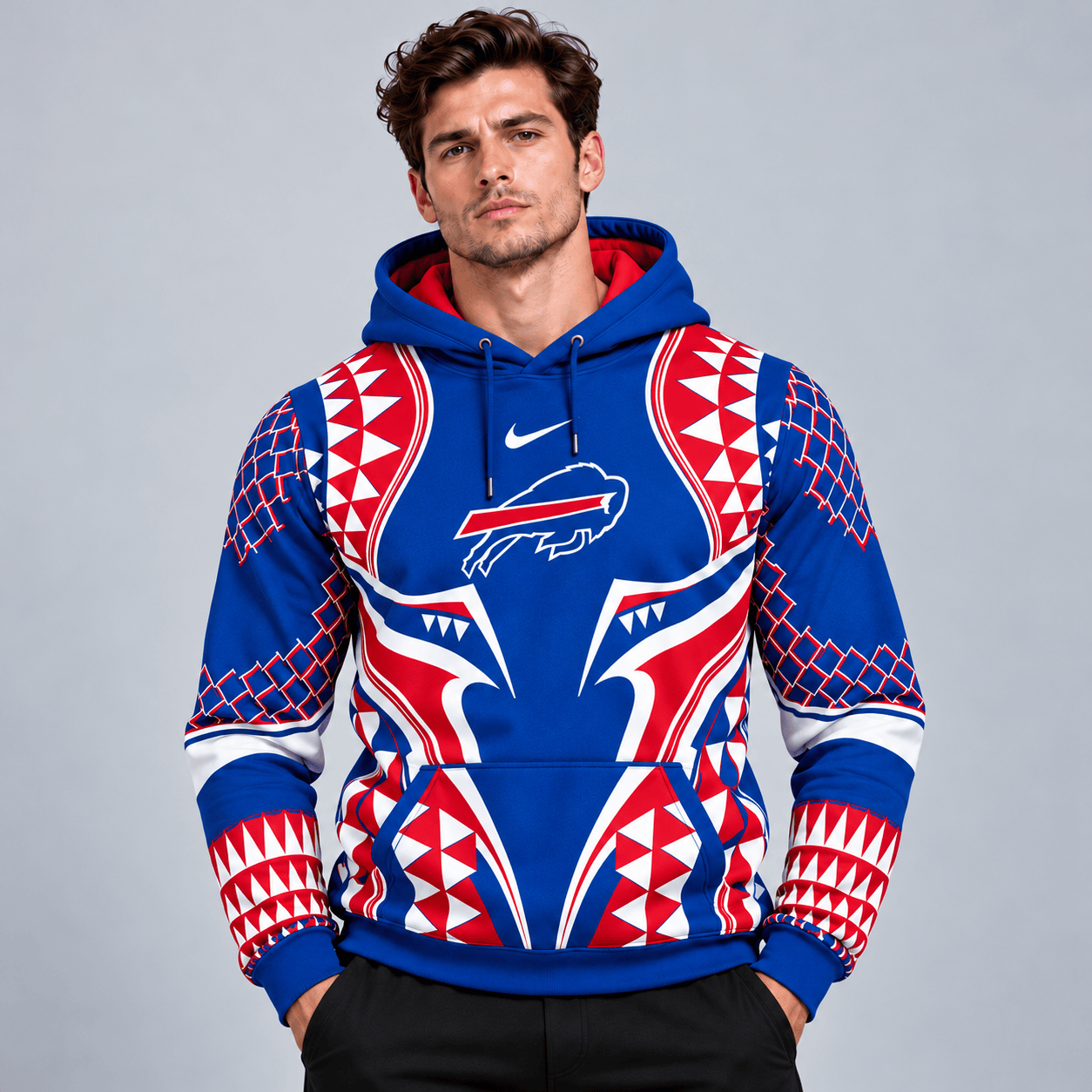 Buffalo Bills | Premium NFL Tribal Geometric Pattern Pullover Hoodie With Bold Team Logo All Over Print Fanwear NDN cover
