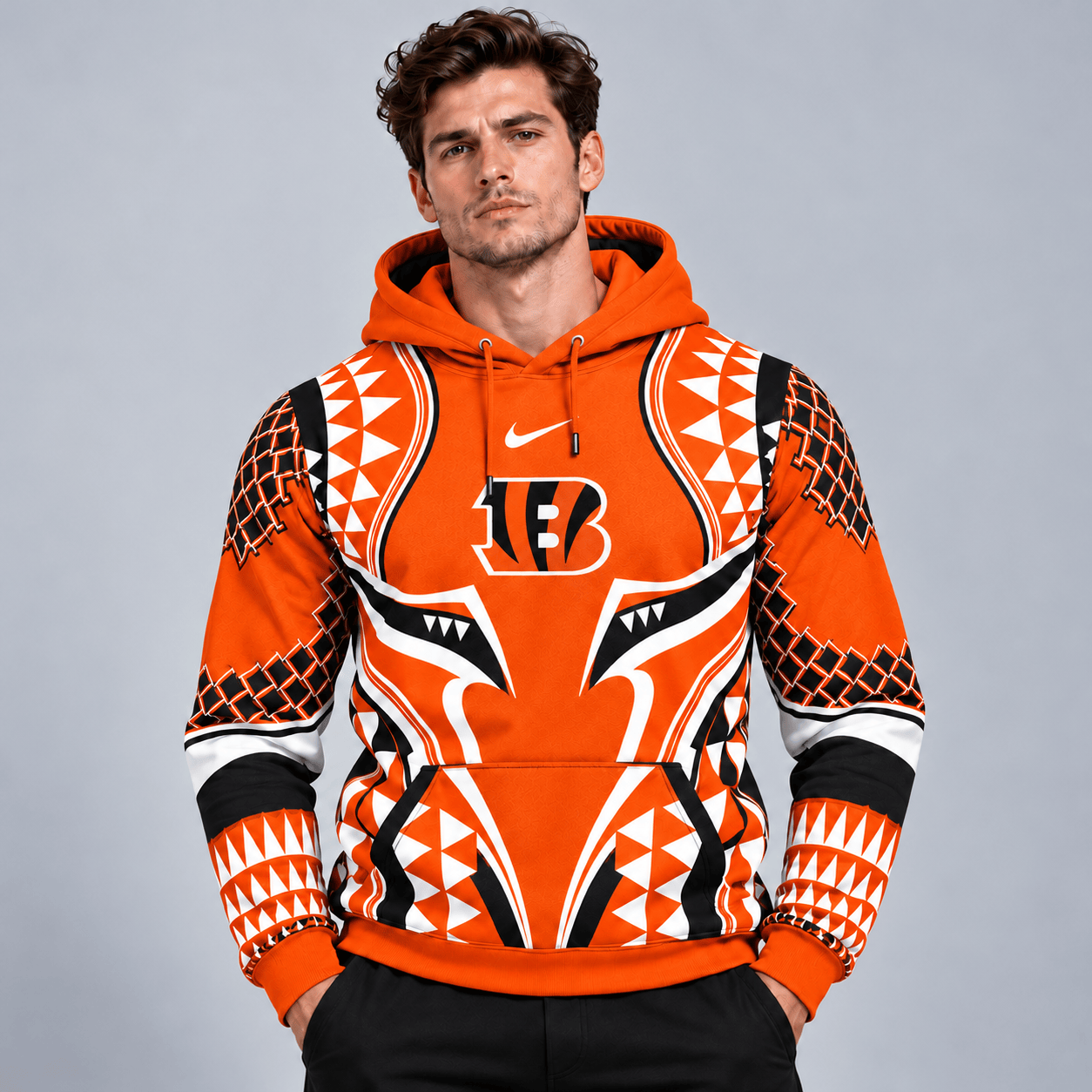 Cincinnati Bengals | Premium NFL Tribal Geometric Pattern Pullover Hoodie With Bold Team Logo All Over Print Fanwear NDN cover