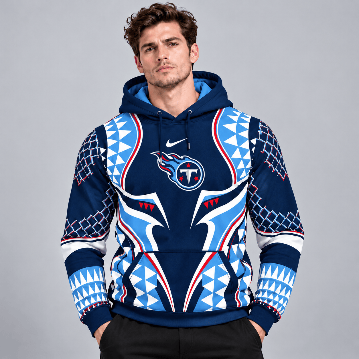 Tennessee Titans | Premium NFL Tribal Geometric Pattern Pullover Hoodie With Bold Team Logo All Over Print Fanwear NDN cover