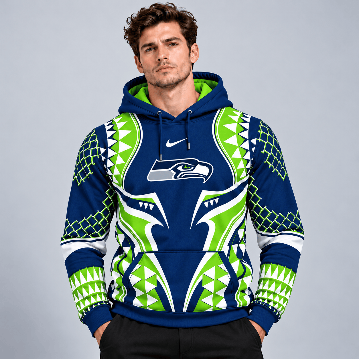 Seattle Seahawks | Premium NFL Tribal Geometric Pattern Pullover Hoodie With Bold Team Logo All Over Print Fanwear NDN cover