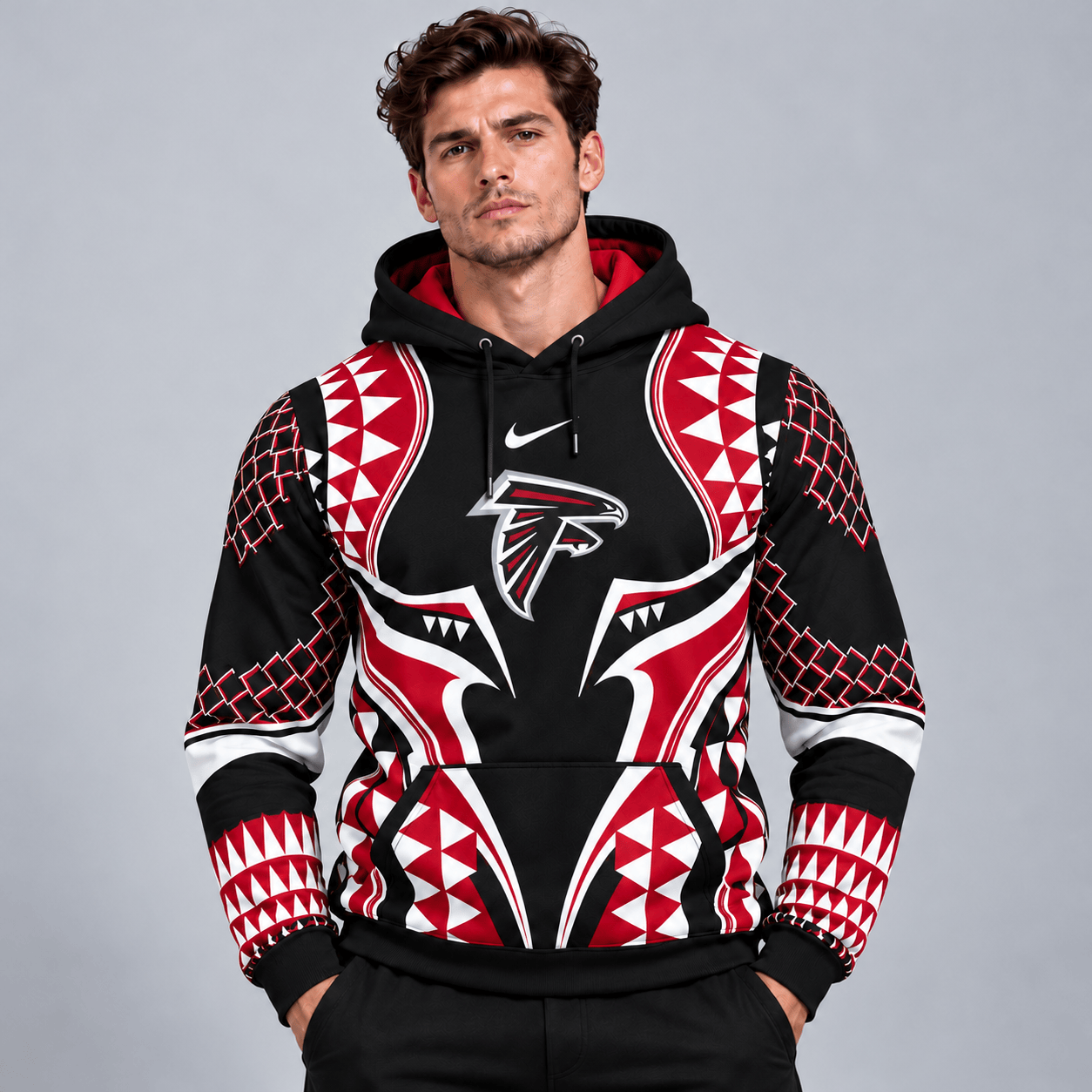 Atlanta Falcons | Premium NFL Tribal Geometric Pattern Pullover Hoodie With Bold Team Logo All Over Print Fanwear NDN cover
