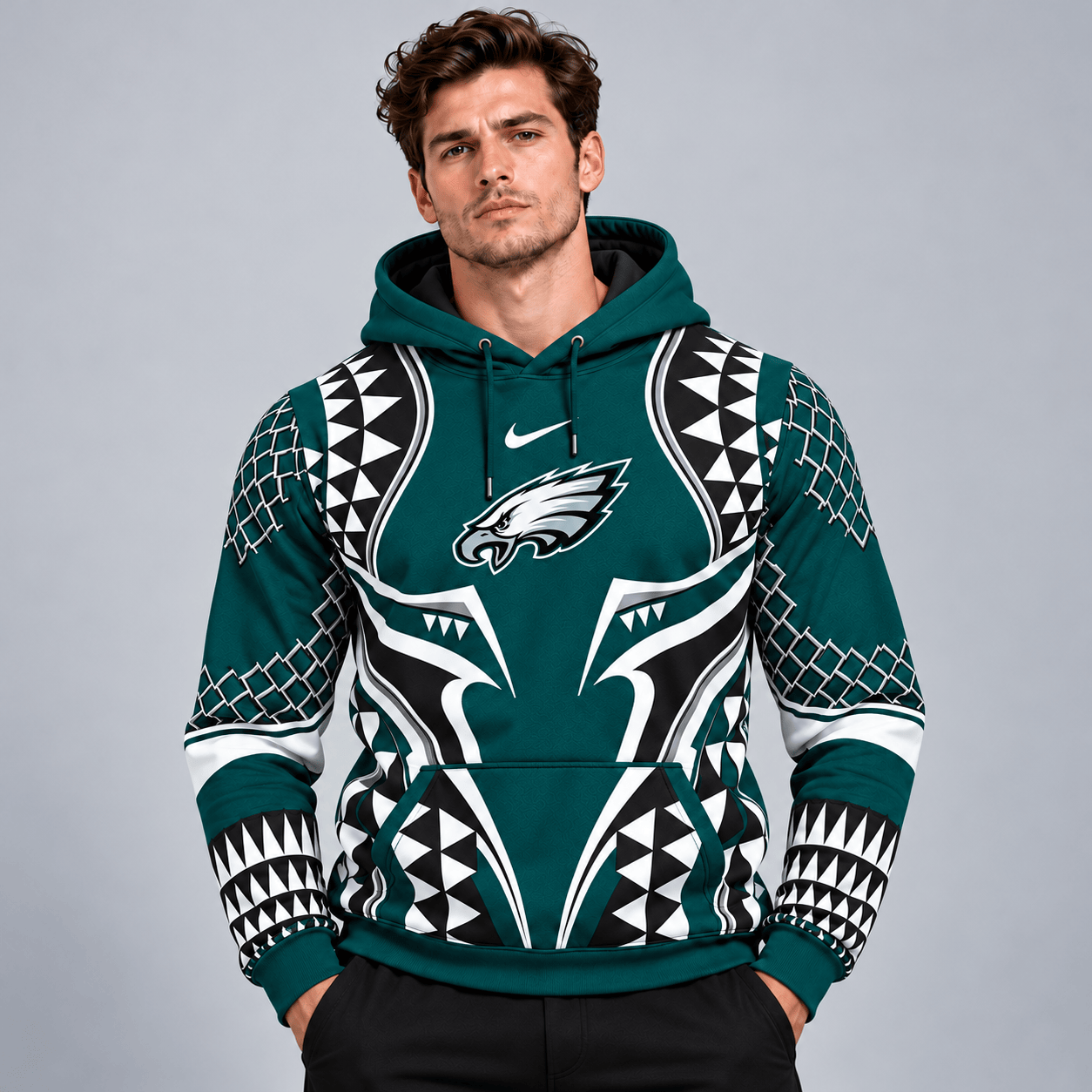Philadelphia Eagles | Premium NFL Tribal Geometric Pattern Pullover Hoodie With Bold Team Logo All Over Print Fanwear NDN cover