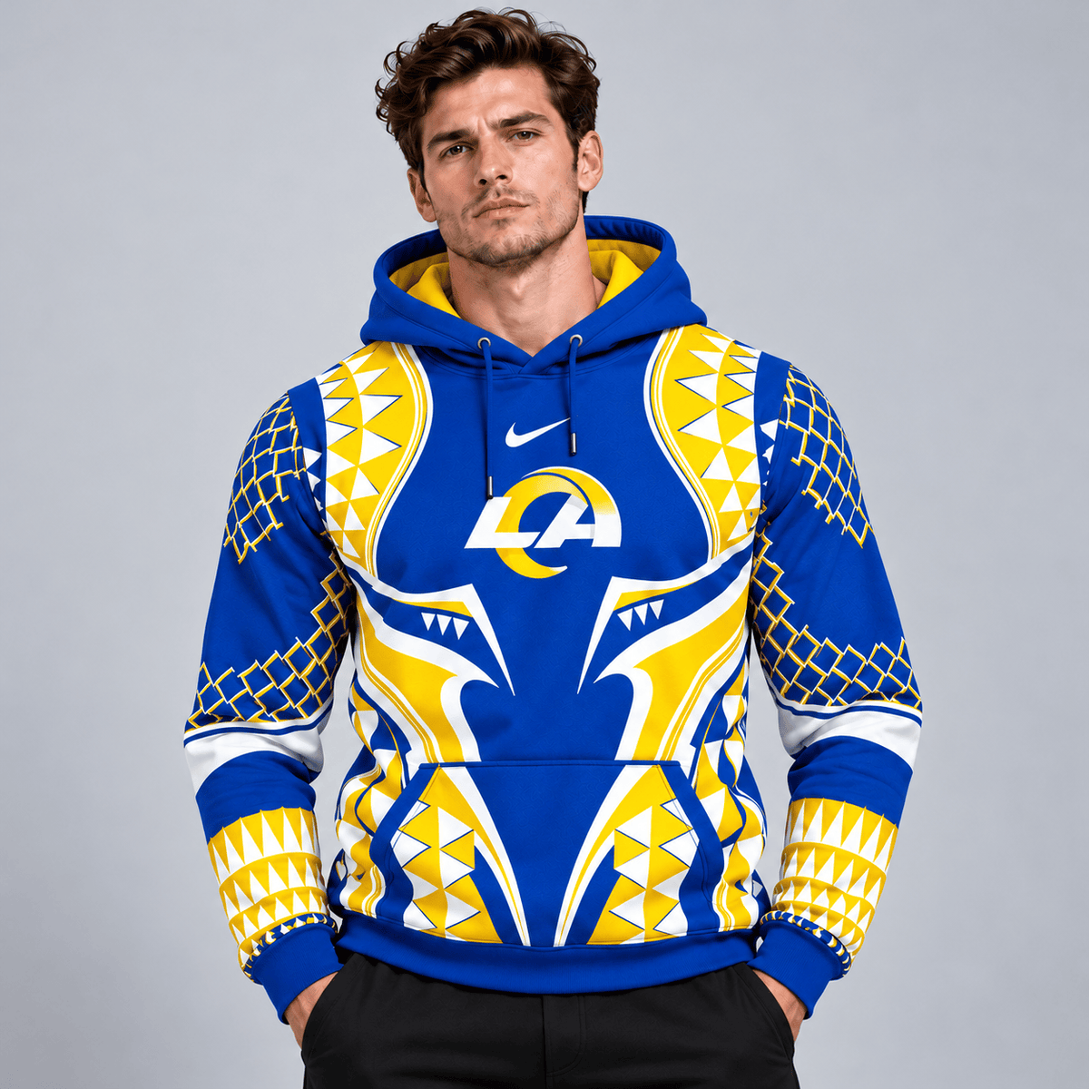 Los Angeles Rams | Premium NFL Tribal Geometric Pattern Pullover Hoodie With Bold Team Logo All Over Print Fanwear NDN cover