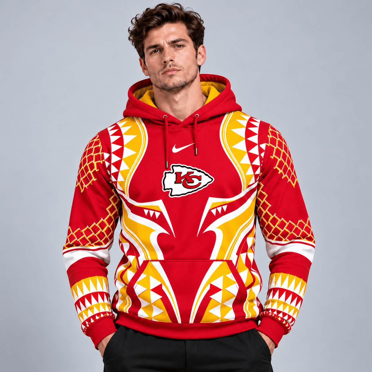 Kansas City Chiefs | Premium NFL Tribal Geometric Pattern Pullover Hoodie With Bold Team Logo All Over Print Fanwear NDN cover