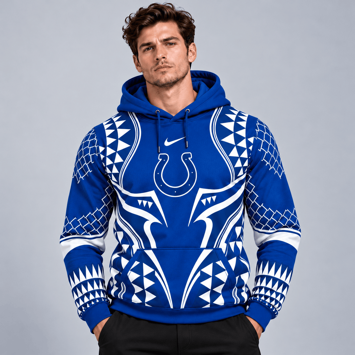 Indianapolis Colts | Premium NFL Tribal Geometric Pattern Pullover Hoodie With Bold Team Logo All Over Print Fanwear NDN cover