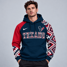 Houston Texans | Premium NFL Aztec Inspired Colorblock Pullover Hoodie With Asymmetric Sleeves And Bold Team Lettering NDN cover