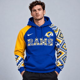 Los Angeles Rams | Premium NFL Aztec Inspired Colorblock Pullover Hoodie With Asymmetric Sleeves And Bold Team Lettering NDN cover