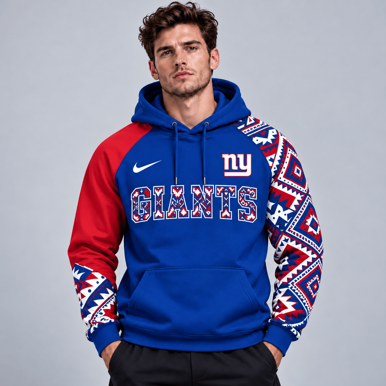 New York Giants | Premium NFL Aztec Inspired Colorblock Pullover Hoodie With Asymmetric Sleeves And Bold Team Lettering NDN cover