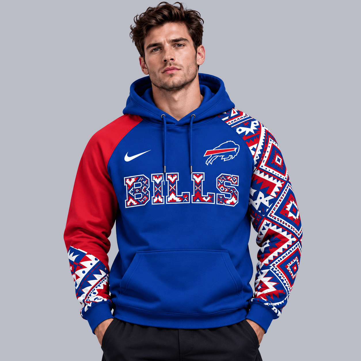 Buffalo Bills | Premium NFL Aztec Inspired Colorblock Pullover Hoodie With Asymmetric Sleeves And Bold Team Lettering NDN cover