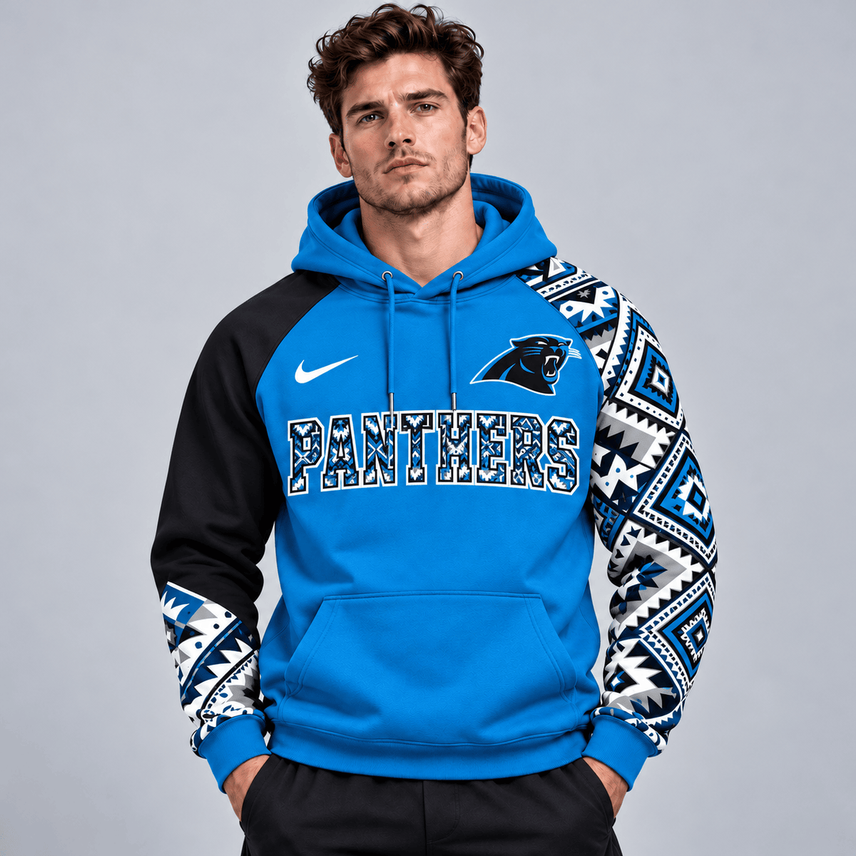 Carolina Panthers | Premium NFL Aztec Inspired Colorblock Pullover Hoodie With Asymmetric Sleeves And Bold Team Lettering NDN cover