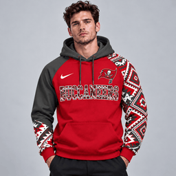 Tampa Bay Buccaneers | Premium NFL Aztec Inspired Colorblock Pullover Hoodie With Asymmetric Sleeves And Bold Team Lettering NDN cover