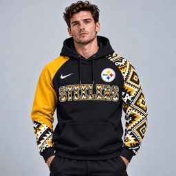 Pittsburgh Steelers | Premium NFL Aztec Inspired Colorblock Pullover Hoodie With Asymmetric Sleeves And Bold Team Lettering NDN cover
