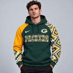 Green Bay Packers | Premium NFL Aztec Inspired Colorblock Pullover Hoodie With Asymmetric Sleeves And Bold Team Lettering NDN cover