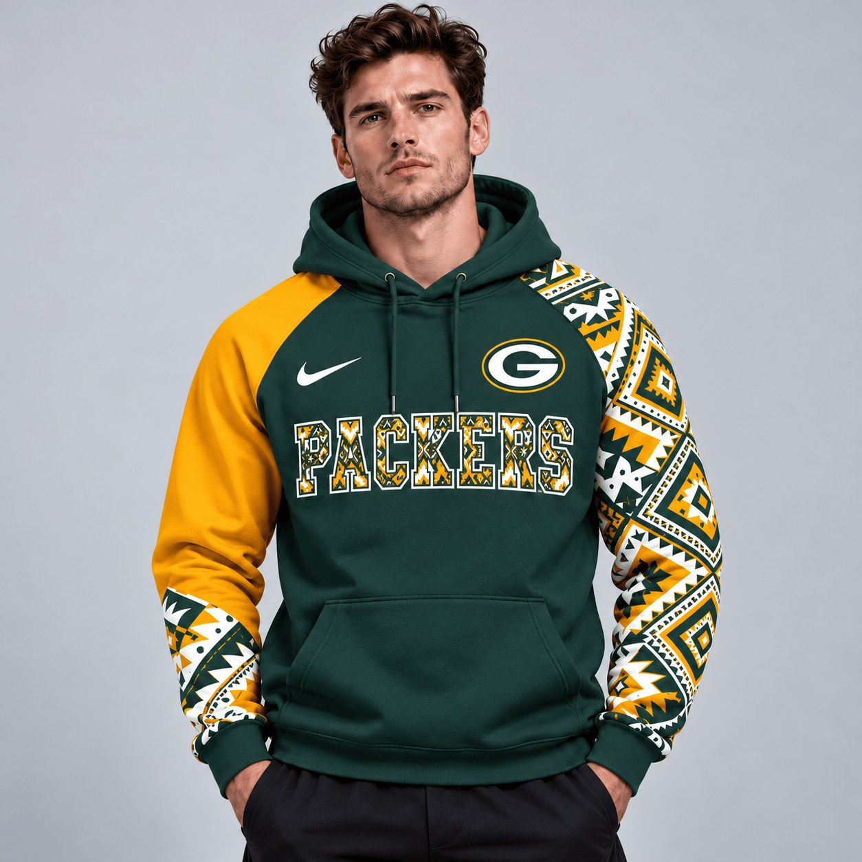 Green Bay Packers | Premium NFL Aztec Inspired Colorblock Pullover Hoodie With Asymmetric Sleeves And Bold Team Lettering NDN cover