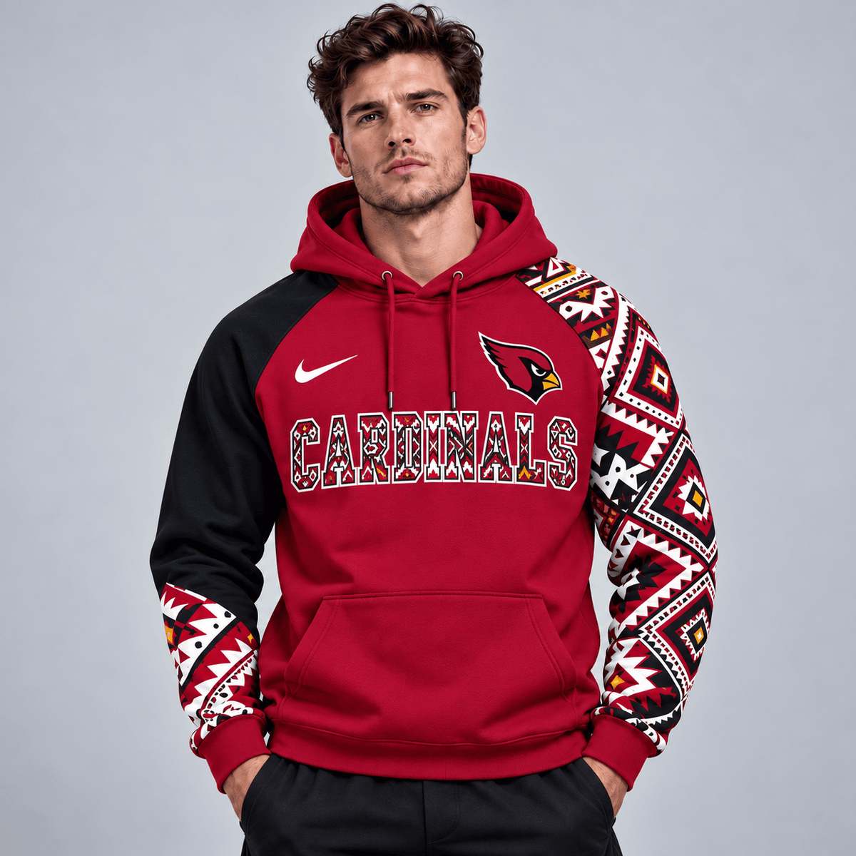 Arizona Cardinals | Premium NFL Aztec Inspired Colorblock Pullover Hoodie With Asymmetric Sleeves And Bold Team Lettering NDN cover