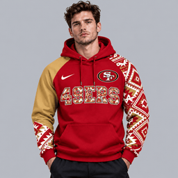 San Francisco 49ers | Premium NFL Aztec Inspired Colorblock Pullover Hoodie With Asymmetric Sleeves And Bold Team Lettering NDN cover