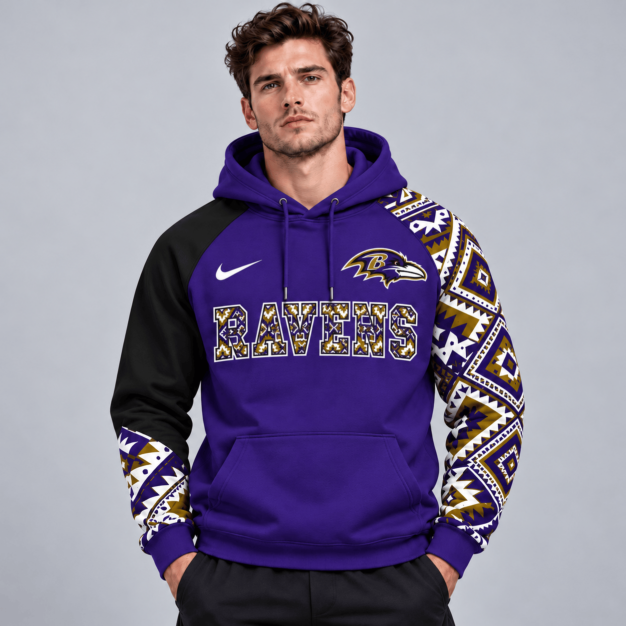 Baltimore Ravens | Premium NFL Aztec Inspired Colorblock Pullover Hoodie With Asymmetric Sleeves And Bold Team Lettering NDN cover