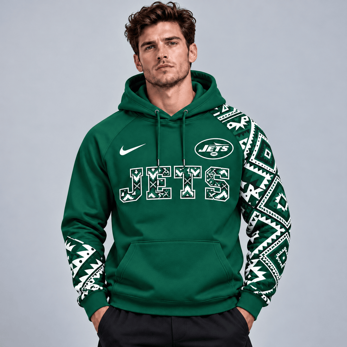 New York Jets | Premium NFL Aztec Inspired Colorblock Pullover Hoodie With Asymmetric Sleeves And Bold Team Lettering NDN cover